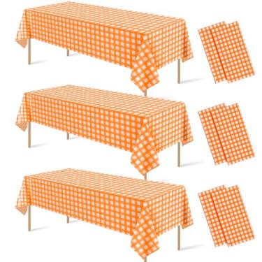 Imagem de Denwiller 6 peças de toalha de mesa xadrez laranja guingão, toalha de mesa xadrez de plástico descartável, laranja e branco, capa de mesa xadrez búfalo para outono de Ação de Graças, artigos de festa