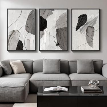 Imagem de Arte de parede abstrata moderna emoldurada grande para sala de estar, 3 peças de impressão em tela preta branca e cinza para paredes, imagens abstratas minimalistas para corredor, escada, decoração de