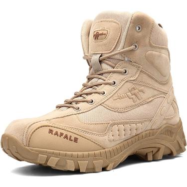 Imagem de Botas táticas militares antiderrapantes resistentes ao desgaste masculino camurça couro trekking botas ao ar livre meados de acampamento sapatos de caminhada, cáqui, 10,5 reino unido