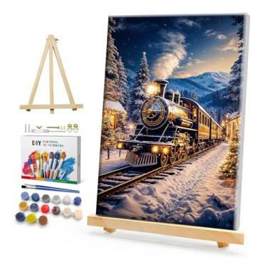 Imagem de HeeBenor Kit de pintura de Natal emoldurada por números para adultos iniciantes, pintura de trem por número com cavalete, kits de pintura de Natal para adultos DIY por números em tela emoldurada 20 x