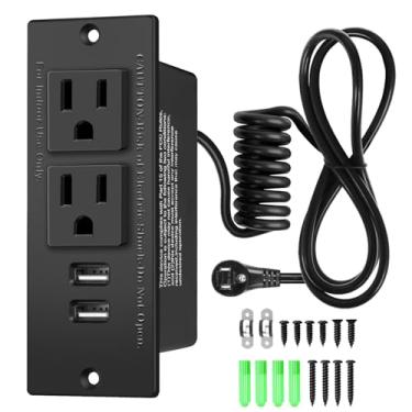 Imagem de Régua de alimentação embutida para móveis com USB-C, USB-A e duas saídas CA - Cabo de alimentação de 1,8 m com cabo de mola, clipes de montagem e parafusos incluídos, listado pela UL para instalação