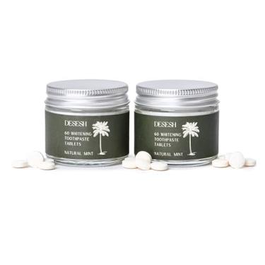 Imagem de Desesh 120 Comprimidos De Pasta Dente Clareadora, Pacote Econômico Com 2 Potes Vidro 60 Unidades, Feito Nos Eua, Sabor Natural Menta, Sem Flúor Hidroxiapatita, Em Conformidade A Tsa, Espuma Vez Efer