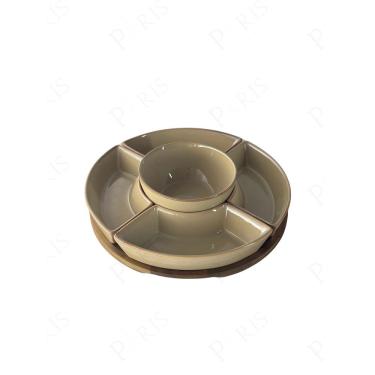Imagem de Petisqueira de Madeira com 5 Bowls de Cerâmica Bege UN0012 BTC