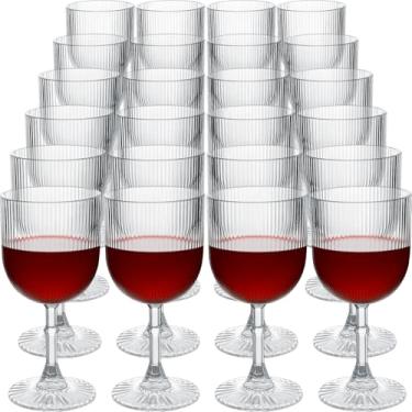 Imagem de LemonRoad 24 peças de copos de vinho de plástico 255 g com nervuras cupê vintage transparentes reutilizáveis copos de água para casamento, bar, festival, grande evento, suprimentos de festa