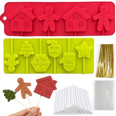 Imagem de Moldes de pirulito de Natal, 2 peças para homens de gengibre, moldes pop de bolo de chocolate doce árvore de Natal, floco de neve, molde de pirulito de rosto de Papai Noel com 100 palitos de pirulito