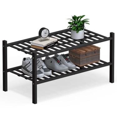 Imagem de Haddockway Organizador grande de armazenamento de sapatos de bambu de 2 níveis, prateleira empilhável multifuncional com painel de grade para armário, corredor, entrada, espaço pequeno 68,5 x 30,5 x