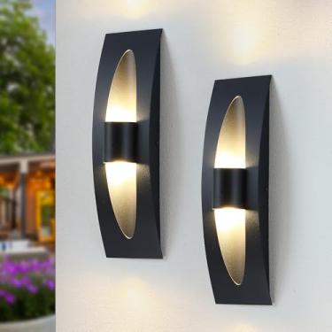 Imagem de YKLITG Luminária de parede externa de 39.6 cm com LED integrado, 2 unidades de iluminação externa de varanda, arandela de parede preta fosca para porta da frente, corredor, pátio, garagem. HWBD010