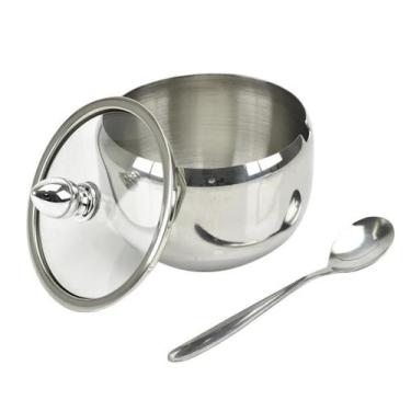 Imagem de Açucareiro Inox Tampa De Vidro e Colher Cromado Cozinha Inoxidável Pot