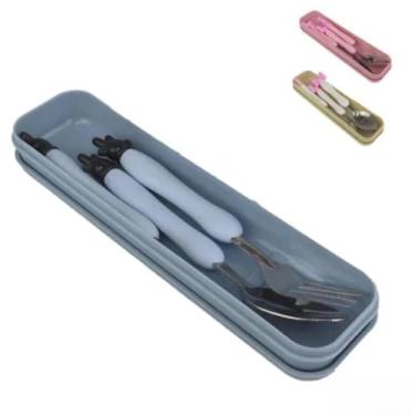 Imagem de Jogo Talher Colher 3pc Inox Estojo Garfo Faca Marmita Viagem