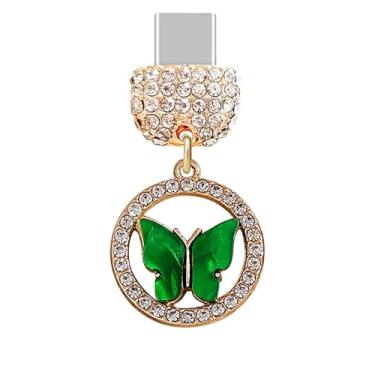 Imagem de ELISE & FONDA TP881 Tipo-C porta de carregamento cristal antipoeira pingente de celular pequena borboleta para iPhone 15/16/Samsung/OnePlus/Xiaomi/oppo telefones Android (verde)