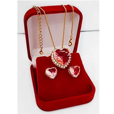 Imagem de Conjunto Colar E Brinco Coração Pedra Rosa com Zircônia Folheado A Ouro 18k