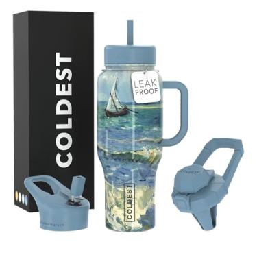 Imagem de Copo Coldest com alça e canudo - Copo isolado 100% à prova de vazamento com tampa e canudo (3 tampas) - Copos de aço inoxidável para mulheres e homens - Base compatível com porta-copos, 1,020 g