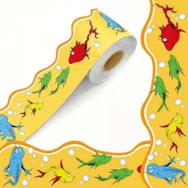 Imagem de Runtoo Bordas de quadro de avisos de 1,8 m cortadas em matriz de peixe enrolado decorações de borda do oceano guarnição recortada para professores sala de aula material de volta às aulas parede mesa