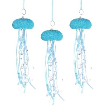 Imagem de 3 peças de ouriços-do-mar, medusas, enfeites de árvore de Natal, água-viva com contas costeiras com cristais e fitas para festa temática de praia, árvore de Natal, decoração de casa, presente de