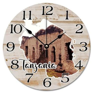 Imagem de TLTDSMY Relógio de parede de referência da Tanzânia, mapa da Tanzânia, atração turística, grandes relógios de parede de madeira, operados por bateria, 38 cm, relógio de pendurar para viagem, quarto