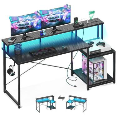 Imagem de Mesa Gamer de Fibra de Carbono 56&quot; 142 cm com Luz LED, Tomadas, Suporte para CPU, Gancho para Fone de Ouvido e Suporte para Monitor , 110V