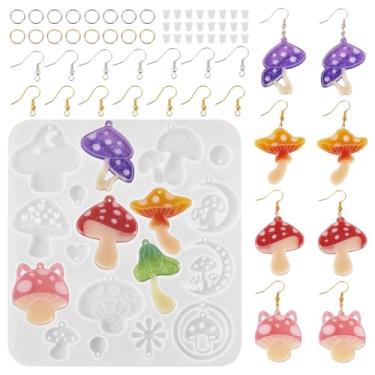 Imagem de Beadthoven 151 peças de brincos pendentes de resina de cogumelo, molde de silicone com pingente de cogumelo, molde de fundição de resina epóxi com ganchos, anéis de salto para mulheres, artesanato
