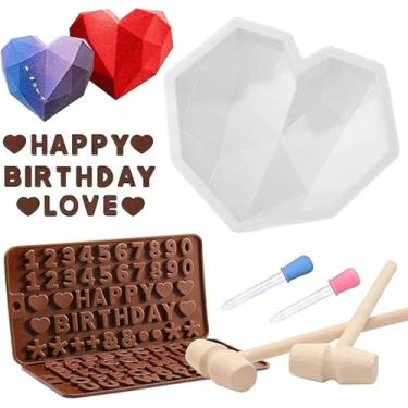 Imagem de Bandejas de molde para bolo de mousse de coração de diamante, molde de coração inquebrável de silicone, molde seguro e não pegajoso, moldes de coração para chocolate com martelos e conta-gotas, molde em formato de número de carta para fabricação de doces de dia dos namorados