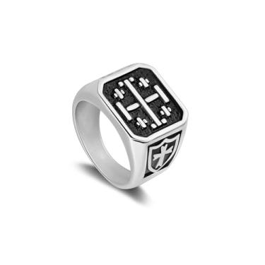 Imagem de Anel masculino com cruz de aço inoxidável, estilo vintage com padrões de cruz e escudo para homens com 3 cores de aço/ouro/preto, tamanhos 7-13, Sem pedra preciosa