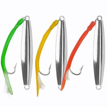 Imagem de 3 peças de isca de pesca de água salgada de diamante, 28 a 113 g, iscas de colher de metal plano com ganchos J para pesca de surfe, striper, atum, salmão, água doce (cores mistas - 113 g - pacote com