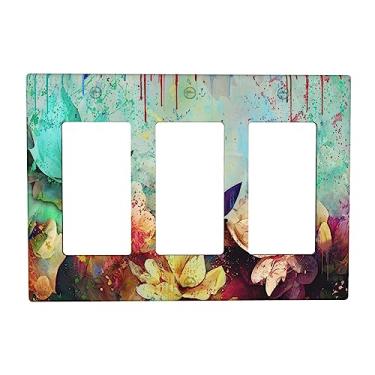 Imagem de Interruptor de luz floral colorido de 3 entradas triplo balancim placa de parede decorativa com tinta respingo cobertura de placa decorativa de pintura a óleo flor decoração GFCI placa frontal elétrica para casa cozinha banheiro tamanho padrão