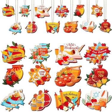 Imagem de 24 peças de enfeites de Hanukkah feliz para pendurar em árvores – placas de madeira de Hanukkah judaico, recorte de madeira da estrela de Davi para lembrancinhas de festa de Natal e Ano Novo