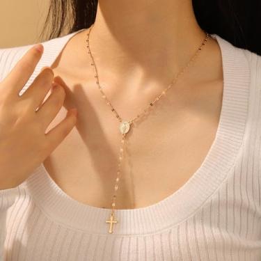 Imagem de Colar feminino banhado a ouro 18 quilates -/pingente de cruz de corrente branca multicolorido virgem maria, colares hipoalergênicos à prova d'água, joias modernas para presentes de aniversário, 16"+2