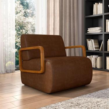 Imagem de Poltrona Decorativa Sala De Estar Odessa Braços Em Madeira Pu Marrom G33