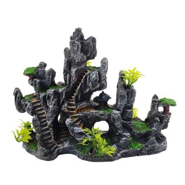 Imagem de MUYG Ornamentos de aquário vista montanha, decorações de tanque de peixes, paisagem de rocha de resina, pedra artificial, decoração de aquário com caverna de plantas para peixes pequenos e camarões