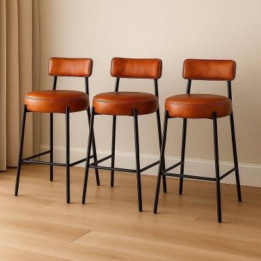 Imagem de Banqueta Cozinha Alta Com Encosto Industrial Preto Kit 3 Londres Pu Nozes D03 - D`rossi