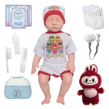 Imagem de Bebe Reborn Realista Careca Roupa Labubu Bolsa Pelúcia - Cegonha Rebor