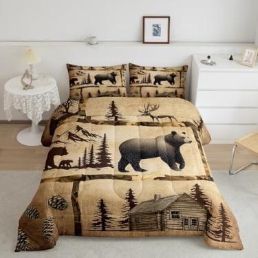 Imagem de Feelyou Conjunto de edredom tamanho king size com silhueta de pinheiro e urso cinza com 2 fronhas + 1 animal selvagem estilo selva ocidental 3 peças
