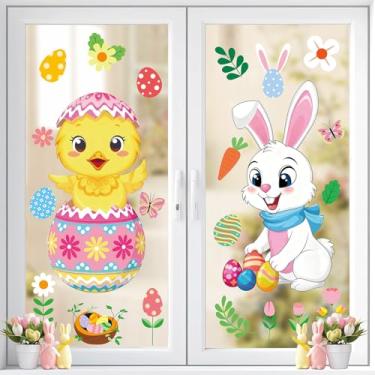Imagem de AnyDesign Adesivos de janela de páscoa adesivos grandes para janela de desenho animado coelho coelho ovo de galinha decoração reutilizável para festa de primavera loja casa sala de aula, 2 folhas