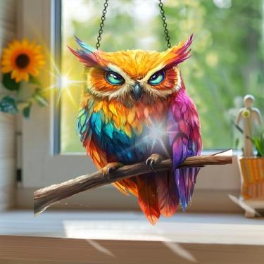 Imagem de Apanhador solar de acrílico colorido, estilo vitral estampado de coruja animal com reflexos de arco-íris, arte de parede para decoração de janela suspensa, ornamentos de Natal para uso interno e