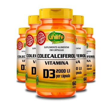 Imagem de Kit 5 Vitamina D3 2000 Ui Colecalciferol Unilife 60 Cápsulas