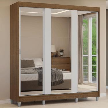 Imagem de Guarda-roupa Casal Com Pés 3 Portas De Correr De Espelho Rustic Branco Reno Madesa