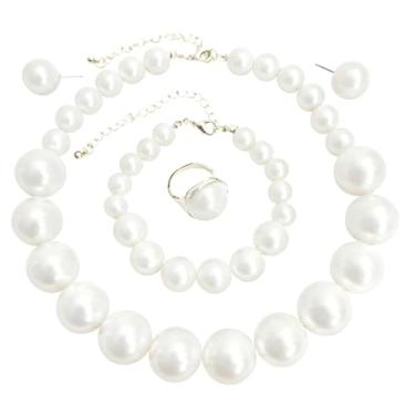 Imagem de HWJQ Conjunto de colar e brincos de pérolas falsas brancas grandes contas de pérola com contas colar gargantilha preto rosa pérola declaração anel para mulheres, Middle, Resina, Sem Pedra Preciosa