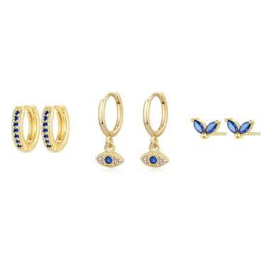 Imagem de Brincos de olho turco banhados a ouro 14K para mulheres, hipoalergênicos, pequenos aros com zircônia cúbica, brincos delicados, Small, Latão, Sem pedra preciosa