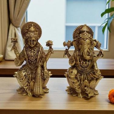 Imagem de Estátua de latão Lakshmi Ganesh 8,5 cm 320 g | Ídolo de Deus Hindu Designer para Templo Doméstico e Escritório | Latão Artesanal Laxmi Ganesh Murti Símbolo de Riqueza, Sabedoria e Prosperidade |