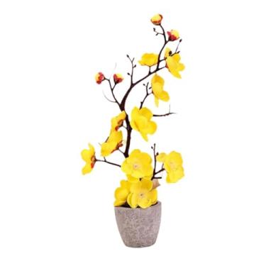 Imagem de Fenteer Flor de Ameixeira Artificial, Flor Falsa, Decoração para Casa, Artesanato, Ornamento com Vaso, Pequena Planta Artificial em Vaso para Festa, Amarelo