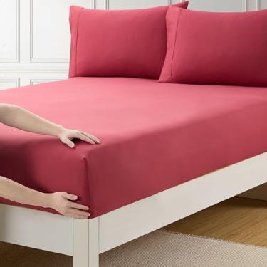 Imagem de Lençol King Size apenas com elástico completo e tiras de canto embutidas para evitar deslocamentos - lençol de baixo de microfibra escovada macia e respirável, King, vermelho vinho