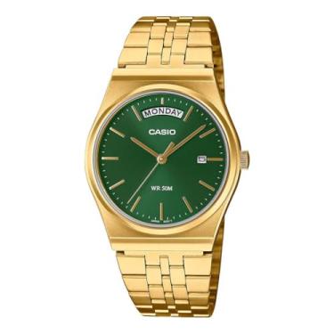 Imagem de Casio MTP-B146G-3AV Relógio analógico masculino vintage dourado de aço inoxidável com mostrador verde e data, Dourado, Casual