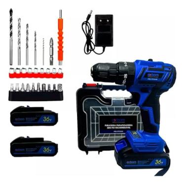 Imagem de Furadeira e Parafusadeira 2 em 1 Bi-Volt - Com 2 Baterias 10000 mAh (36v) Torque Máximo Ajustavel de 60Nm - Bateria Recarregavel + Kit Com 28 Peças (De Brocas, Bits e sextavado) + Maleta