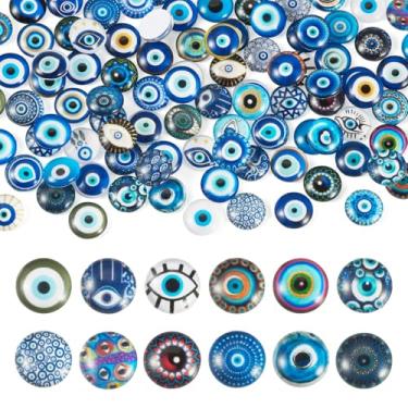 Imagem de Beadthoven 100 peças de 12 mm Cabochão de vidro impresso olho turco a granel cúpulas de vidro planas cabochão azul olho turco azulejos pedras preciosas contas para artesanato faça você mesmo foto