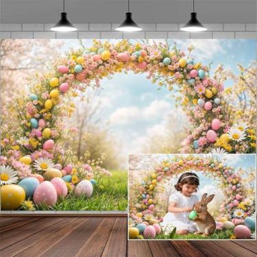 Imagem de Pano de fundo engraçado para fotografia de Páscoa de 25 x 2 m, primavera, floral, coelho, colorido, ovos, arco de flor rosa, grama verde, faixa para chá de bebê, decoração infantil, suprimentos de