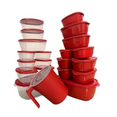 Imagem de Kit 21 Potes Herméticos Retangulares + Jarra 1,8L — Tampa com Vedação, Potes 3L 800ml 400ml, Conjunto para Alimentos, Cozinha Organizada, uso em Micro-ondas e Freezer (Vermelho)