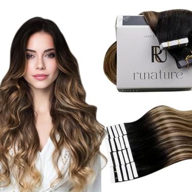 Imagem de RUNATURE Fita Balayage Ins Extensões De Cabelo Humano 24" Invisível Em Preto Ombré Com Raiz Para Castanho Mix Loiro Caramelo 50G 20 Peças