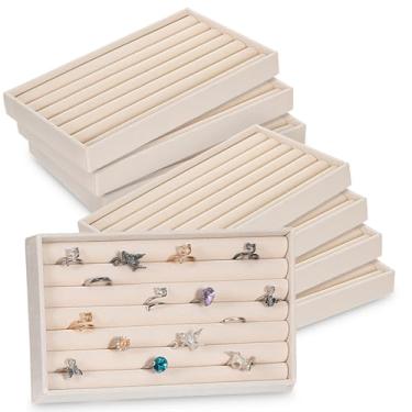 Imagem de AojSup 8 peças de veludo, 7 compartimentos, anéis, bandejas, exibição, organizador de joias, suporte de anel, bandeja de exibição para venda de anéis e brincos (bege)