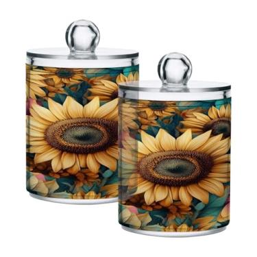 Imagem de Qilmy Qtip Suporte de 400 ml, frasco de armazenamento de boticário de plástico transparente de girassol com tampa, dispensador de recipiente de banheiro para bola de algodão, cotonete, fio dental