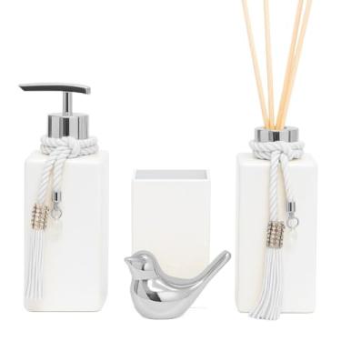 Imagem de Kit Lavabo Completo Branco com Difusor Aromático, Saboneteira, Vaso Quadrado, Mini Passarinho e Bandeja Meia-Lua(PRATA)